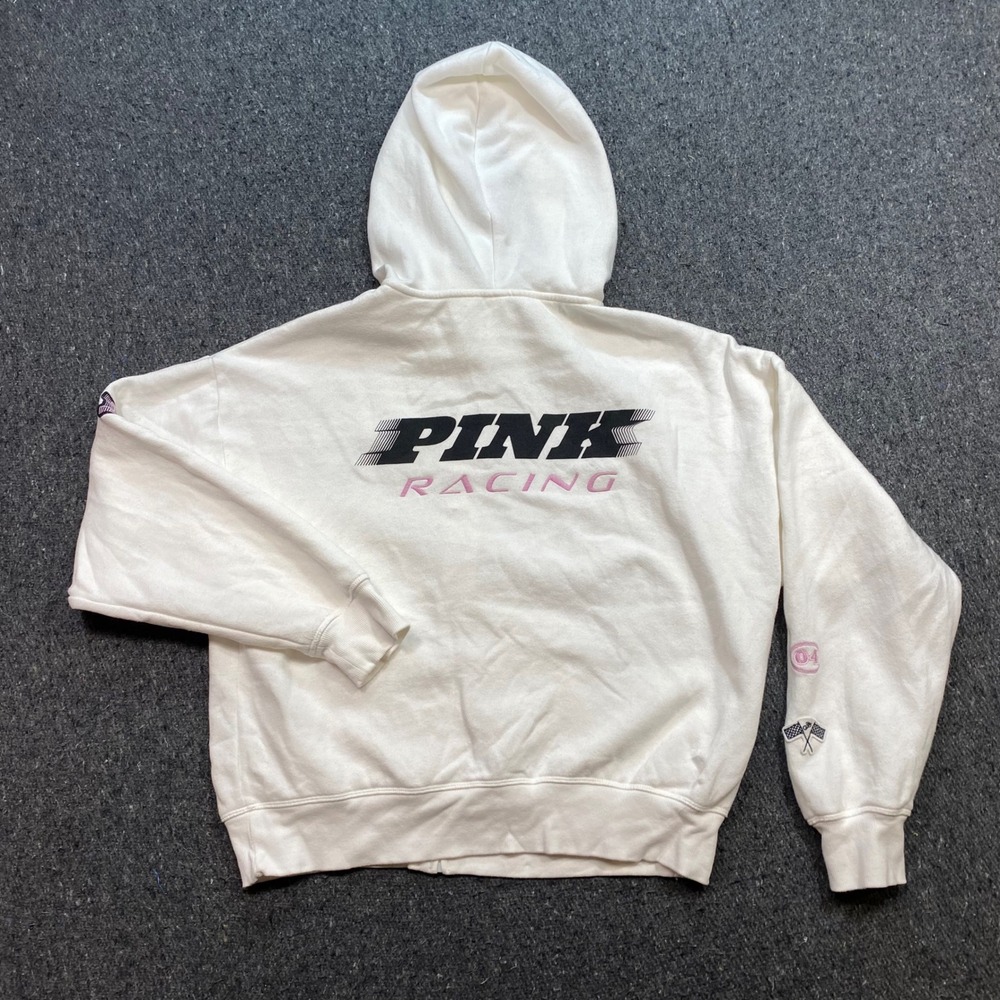 Victoria Secret PINK Zip Hoodie Sz M Womens White‎ Y2K Graphic Logo Sweatshirt - Picture 10 of 14